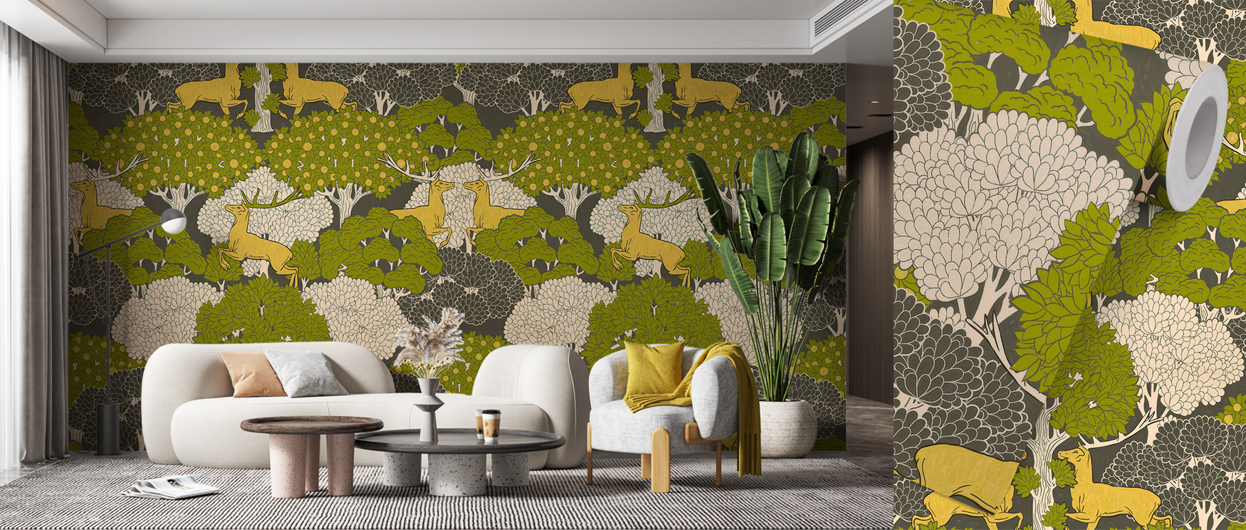 bold-forest-themed-mural-featuring-deer-and-lush-foliage-illustrates-modern-abstract-wallpaper-trends-behind-a-minimalist-sofa Bold forest-themed mural featuring deer and lush foliage illustrates modern Abstract Wallpaper Trends behind a minimalist sofa