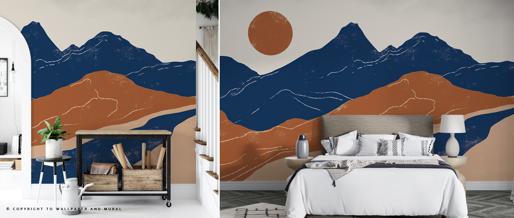 bold-mountain-landscape-mural-in-earthy-tones-highlights-modern-abstract-wallpaper-trends-behind-a-minimalist-bed Bold mountain landscape mural in earthy tones highlights modern Abstract Wallpaper Trends behind a minimalist bed