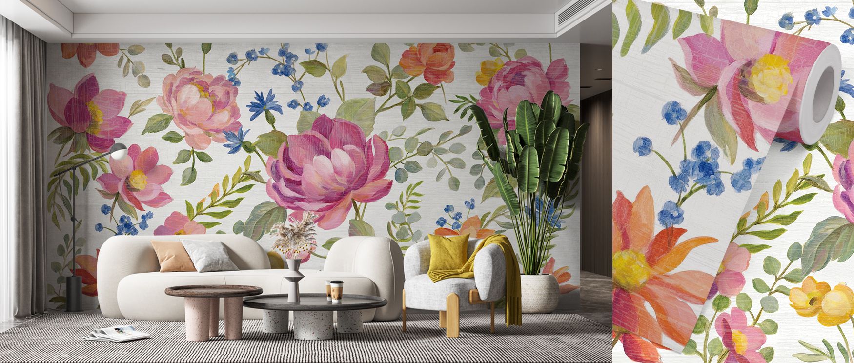 Bright, colorful flowers on a textured wallpaper create a vibrant contrast in front of a cozy seating area, highlighting the Floral Wallpaper vs. Other Styles trend.
