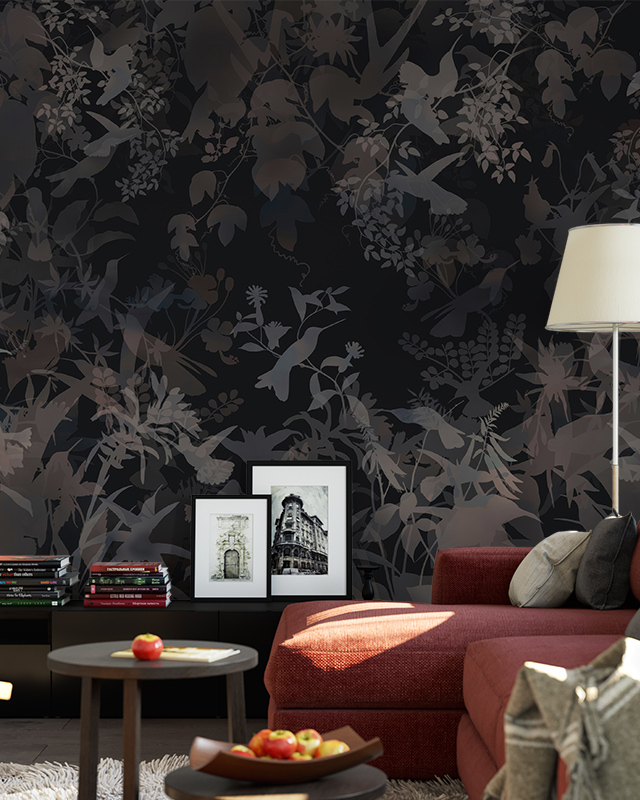 Comparison of Abstract Wallpaper with Other Styles, showing a dark nature-themed wallpaper with subtle bird patterns and framed art in front of wallpaper