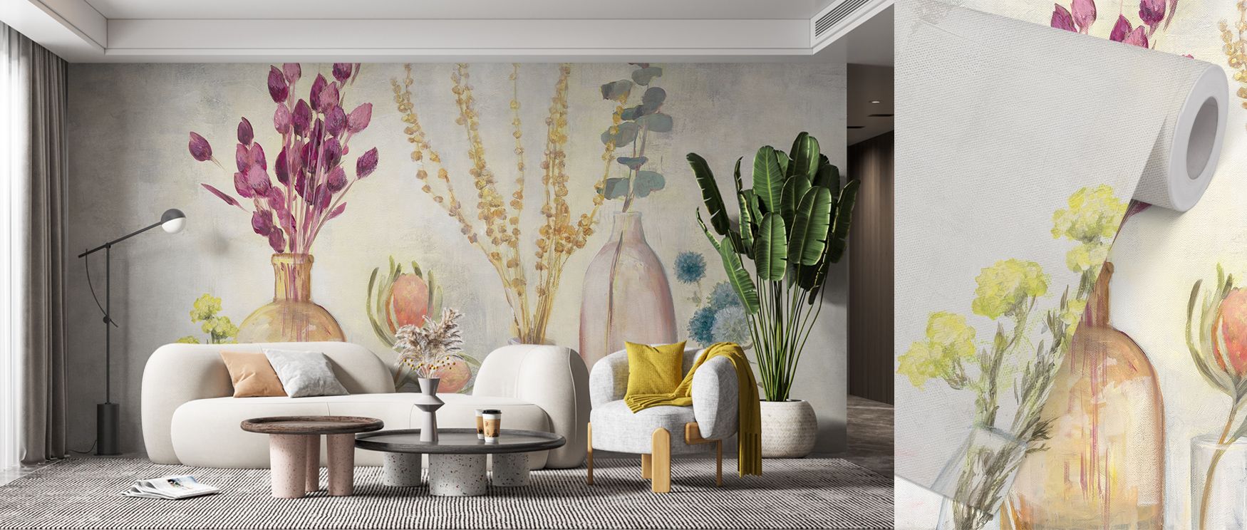 Cozy bedroom with beige wallpaper, featuring floral vase patterns, a white sofa, and a potted plant for a serene atmosphere.