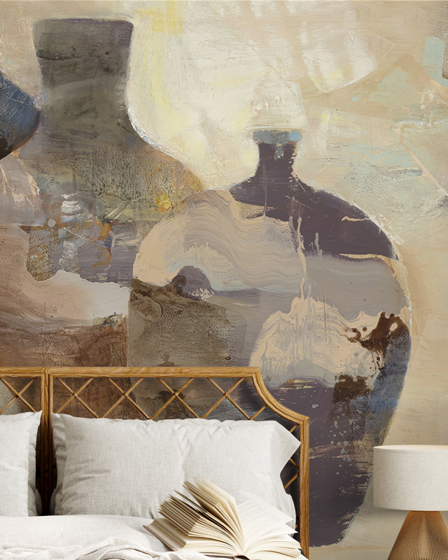cozy-bedroom-with-beige-wallpaper-showcasing-abstract-vase-designs-a-wicker-headboard-and-an-open-book-on-the-bed Cozy bedroom with beige wallpaper, showcasing abstract vase designs, a wicker headboard, and an open book on the bed.