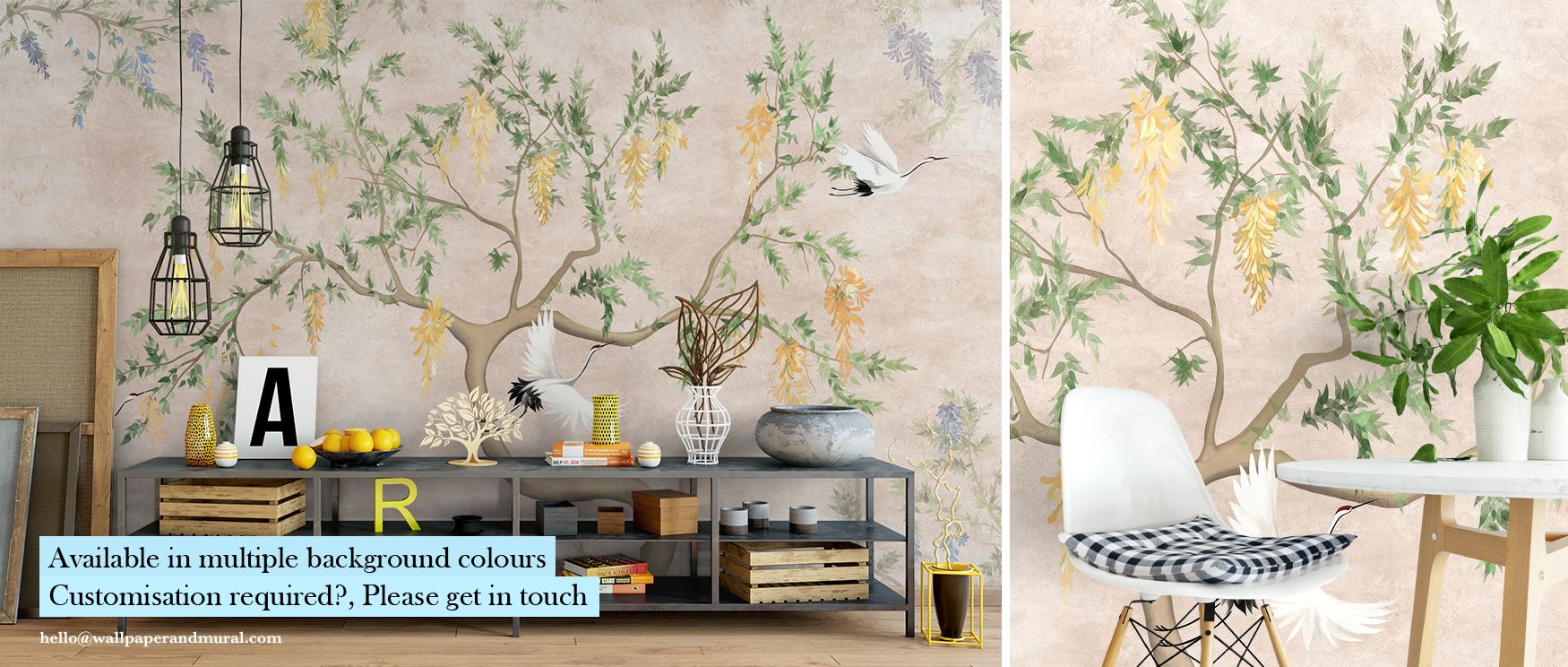 Decorative console table and chair in front of beige wallpaper with tree branches and cranes, ideal Beige Wallpaper for Commercial Spaces.