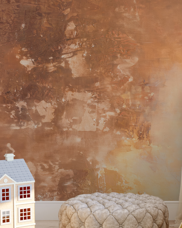 earth-toned-abstract-wallpaper-with-a-textured-rust-like-finish-a-tufted-ottoman-and-toy-house-accentuate-abstract-wallpaper-for-small-spaces Earth-toned abstract wallpaper with a textured, rust-like finish. A tufted ottoman and toy house accentuate abstract wallpaper for small spaces.