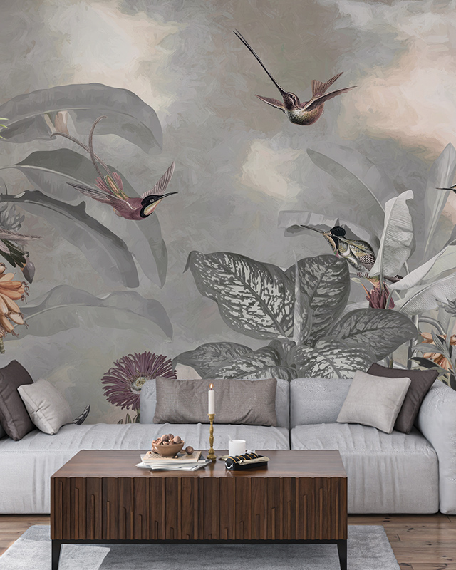elegant-abstract-wallpaper-featuring-hummingbirds-and-large-tropical-leaves-with-a-modern-sofa-and-coffee-table-in-front-perfect-for-enhancing-small-spaces Elegant abstract wallpaper featuring hummingbirds and large tropical leaves, with a modern sofa and coffee table in front, perfect for enhancing small spaces