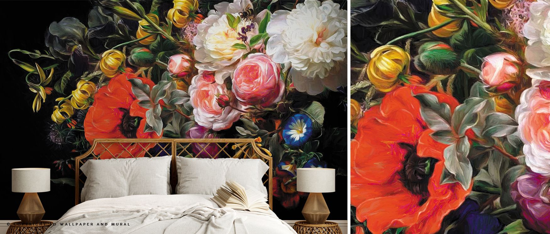 floral-wallpaper-for-accent-walls-featuring-a-vibrant-mix-of-red-pink-and-white-flowers-in-front-of-a-bed-with-a-rattan-headboard-and-side-tables-holding-lamps Floral Wallpaper for Accent Walls featuring a vibrant mix of red, pink, and white flowers in front of a bed with a rattan headboard and side tables holding lamps.