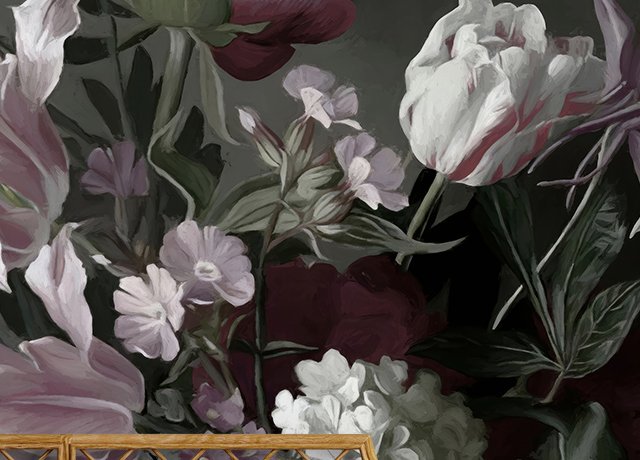 Floral wallpaper for accent walls featuring large, detailed flowers behind a wicker headboard.