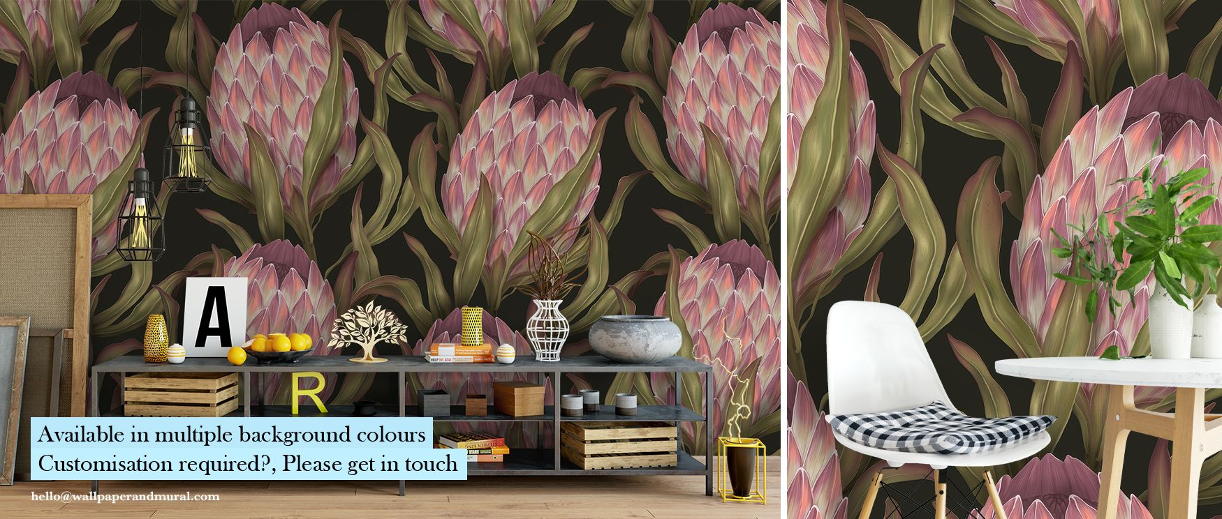 floral-wallpaper-for-accent-walls-featuring-large-protea-flowers-in-front-of-a-decorated-console-table-and-white-chair Floral Wallpaper for Accent Walls featuring large protea flowers in front of a decorated console table and white chair.