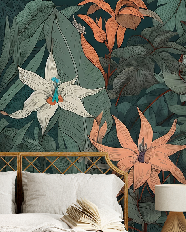 floral-wallpaper-for-accent-walls-featuring-large-tropical-flowers-and-leaves-in-front-of-a-bed-with-beige-pillows Floral Wallpaper for Accent Walls featuring large tropical flowers and leaves in front of a bed with beige pillows.