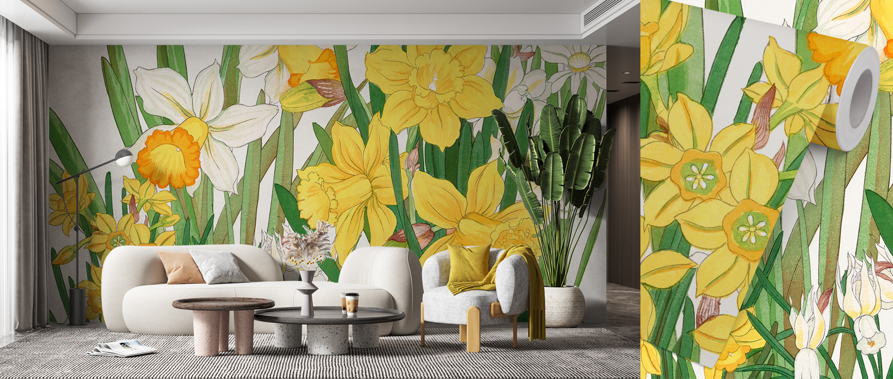 Floral wallpaper for accent walls featuring large yellow and white daffodils behind a modern white sofa and plants.