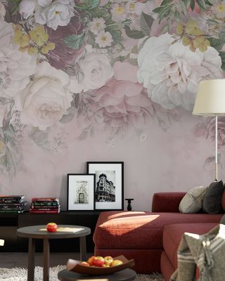 floral-wallpaper-for-accent-walls-featuring-soft-pink-and-white-roses-in-front-of-a-cozy-living-room-setup Floral Wallpaper for Accent Walls featuring soft pink and white roses in front of a cozy living room setup.