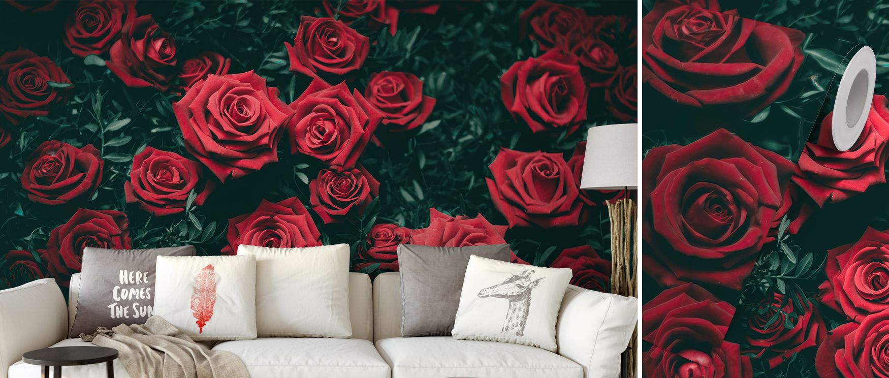 floral-wallpaper-for-accent-walls-featuring-vibrant-red-roses-in-front-of-a-cozy-white-sofa-with-decorative-pillows Floral Wallpaper for Accent Walls featuring vibrant red roses in front of a cozy white sofa with decorative pillows.