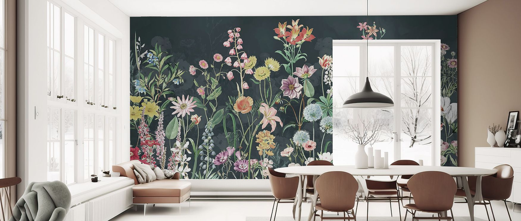 floral-wallpaper-for-accent-walls-featuring-vibrant-wildflowers-on-a-dark-background-in-front-of-a-modern-dining-area Floral Wallpaper for Accent Walls featuring vibrant wildflowers on a dark background in front of a modern dining area.