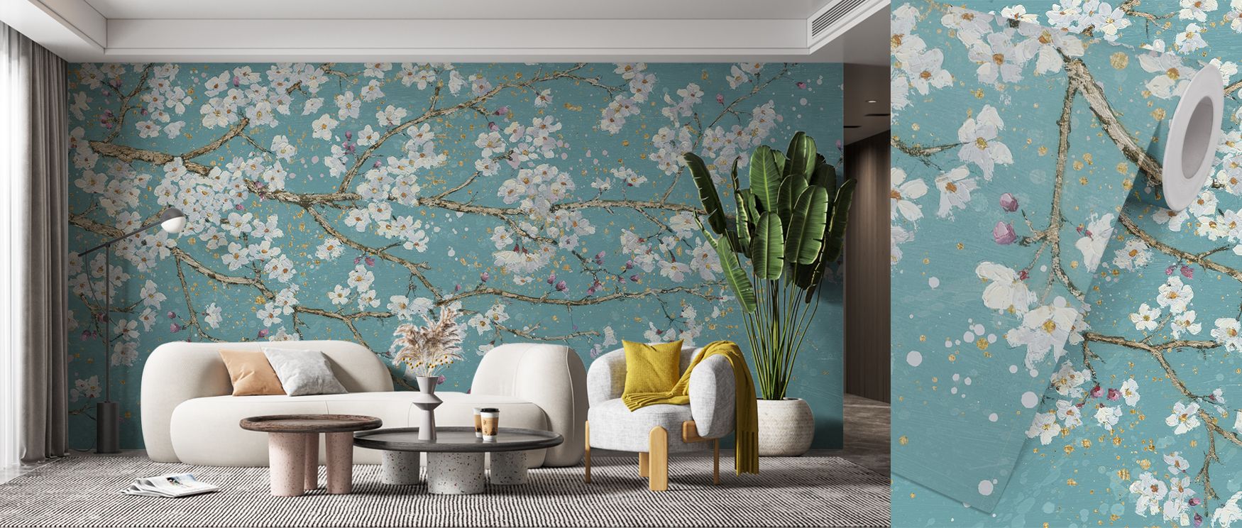 floral-wallpaper-for-accent-walls-showcasing-white-blossoms-on-teal-background-in-front-of-modern-sofa-and-round-tables Floral Wallpaper for Accent Walls showcasing white blossoms on teal background in front of modern sofa and round tables.