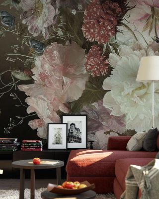 floral-wallpaper-for-accent-walls-with-large-pastel-flowers-a-red-sofa-a-lamp-and-framed-pictures-in-front Floral Wallpaper for Accent Walls with large pastel flowers, a red sofa, a lamp, and framed pictures in front.