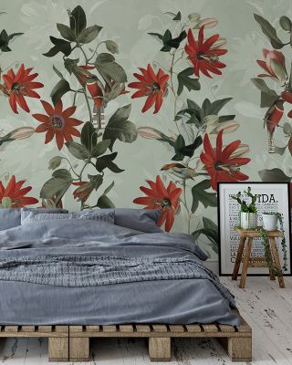 floral-wallpaper-for-accent-walls-with-red-flowers-and-green-leaves-featuring-a-rustic-wooden-bed-and-a-stool-with-plants-in-front Floral Wallpaper for Accent Walls with red flowers and green leaves, featuring a rustic wooden bed and a stool with plants in front.