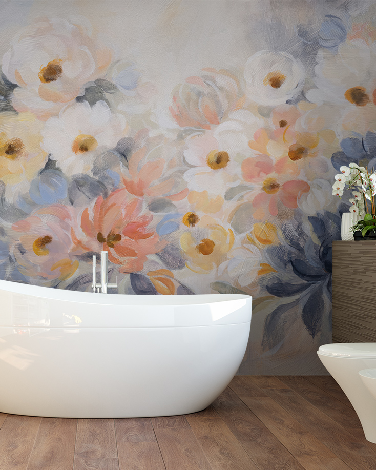 Floral wallpaper for different rooms featuring soft pastel flowers behind a modern white bathtub and a small vase of orchids.