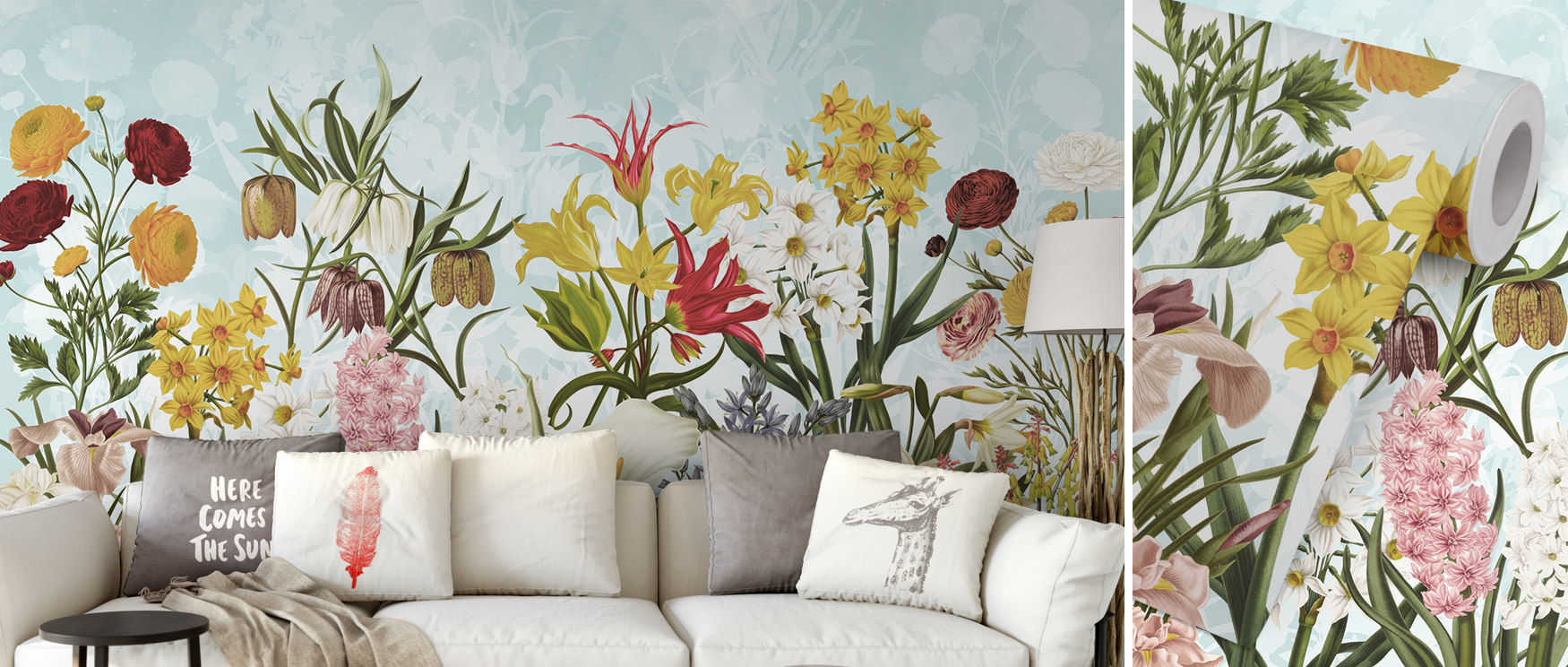Floral Wallpaper for Different Rooms featuring vibrant flowers, with a white sofa, decorative pillows, and a lamp in front.