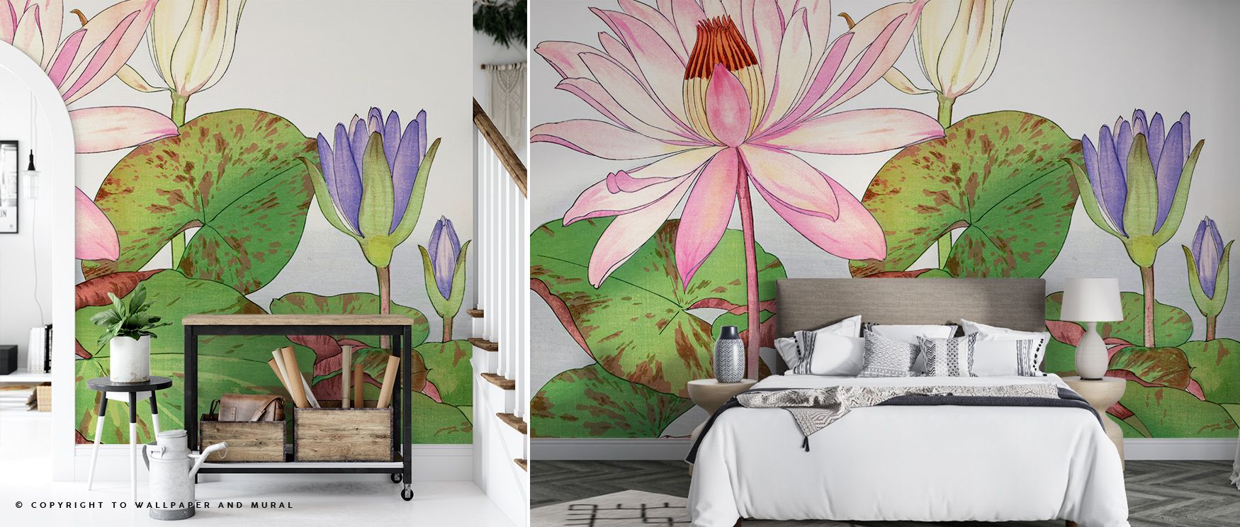 Floral Wallpaper Trend featuring large pink and purple lotus flowers with green leaves behind a bed and side table.
