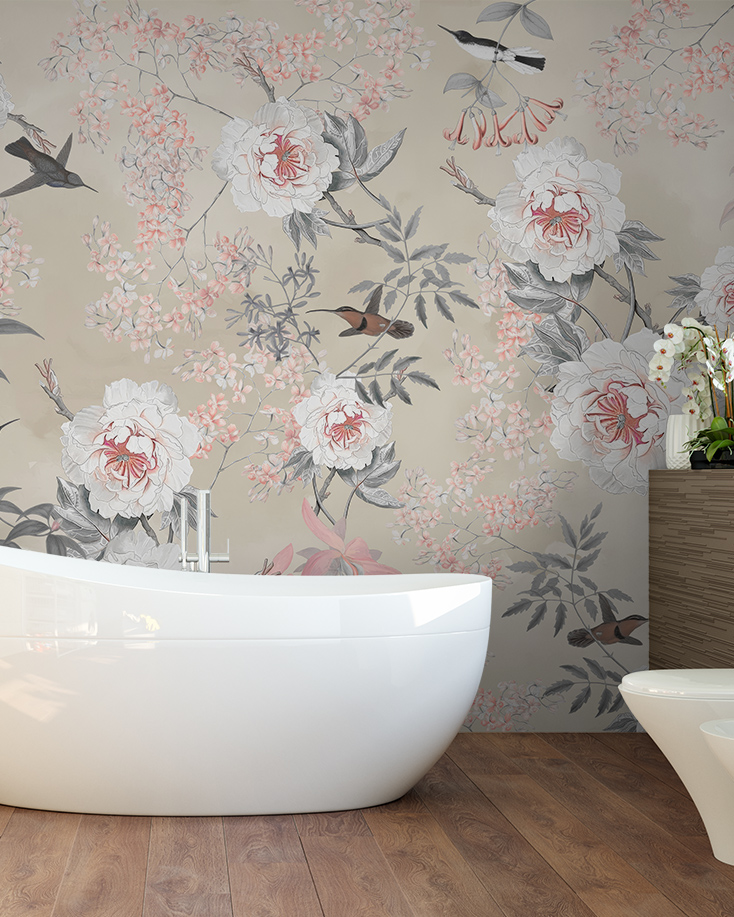 Freestanding bathtub with floral beige wallpaper for bathrooms featuring birds and large peonies.