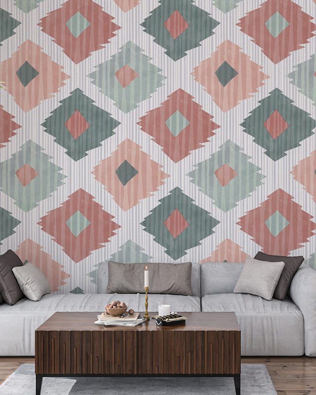 geometric-abstract-wallpaper-in-muted-green-pink-and-gray-diamond-patterns-a-wooden-coffee-table-and-gray-sofa-with-cushions-sit-in-front-showcasing-abstract-wallpaper-for-small-spaces Geometric abstract wallpaper in muted green, pink, and gray diamond patterns. A wooden coffee table and gray sofa with cushions sit in front, showcasing abstract wallpaper for small spaces.