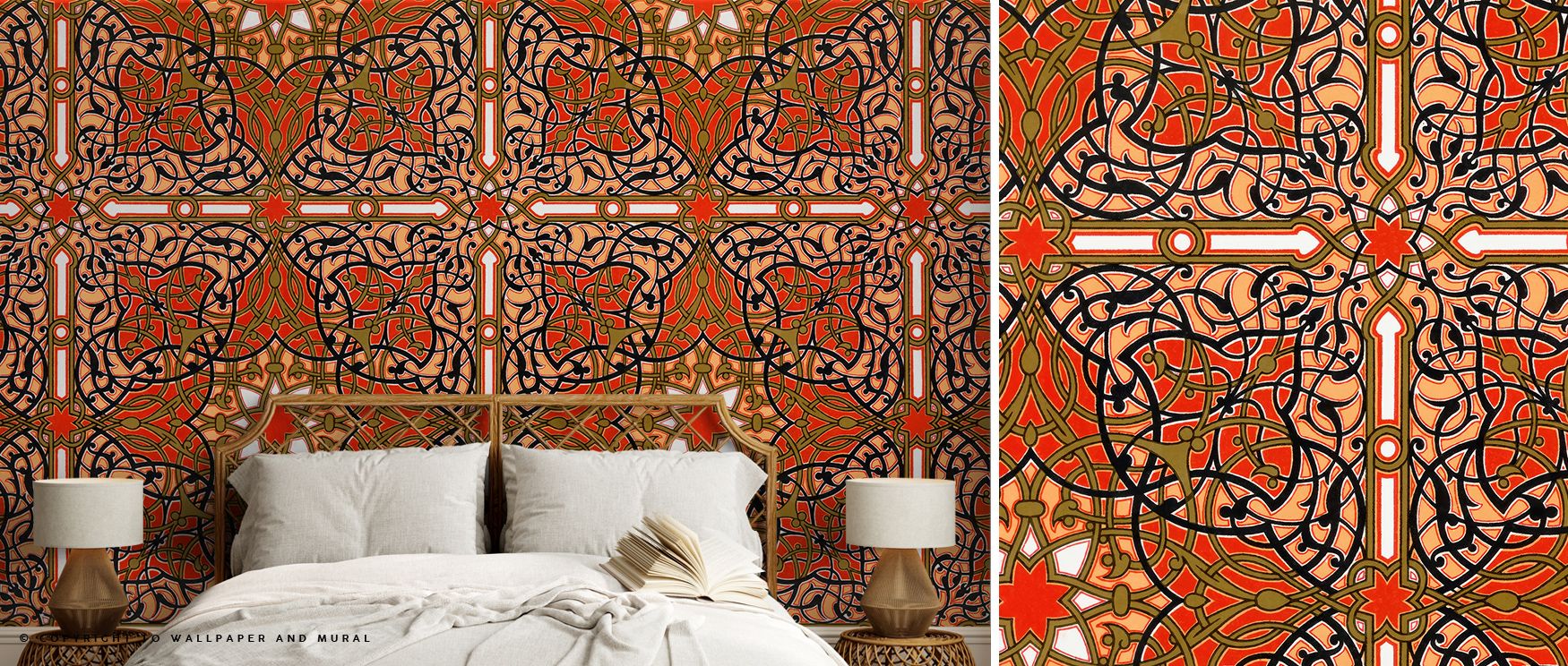 Intricate abstract wallpaper with red and orange patterns in front of a bed and lamps, highlighting Comparison of Abstract Wallpaper with Other Styles.