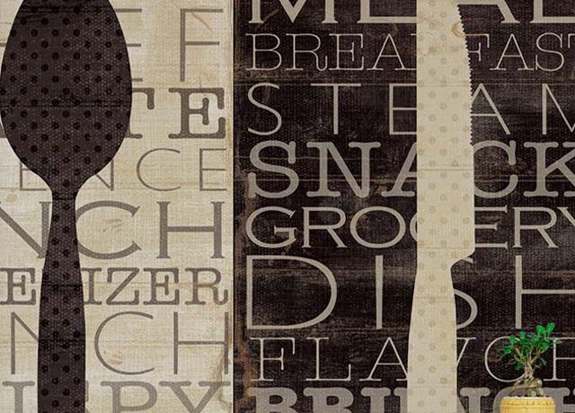 Kitchen with beige and black word-themed wallpaper featuring utensils, ideal for Beige Wallpaper for Kitchens.