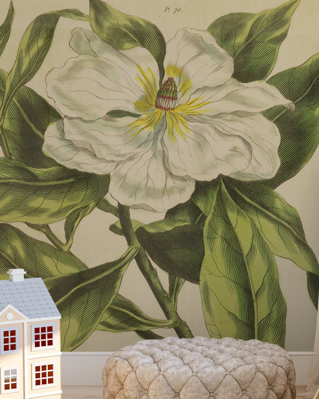 large-botanical-illustration-of-a-white-flower-with-green-leaves-exemplifies-classic-abstract-wallpaper-trends-behind-a-cozy-ottoman Large botanical illustration of a white flower with green leaves exemplifies classic Abstract Wallpaper Trends behind a cozy ottoman