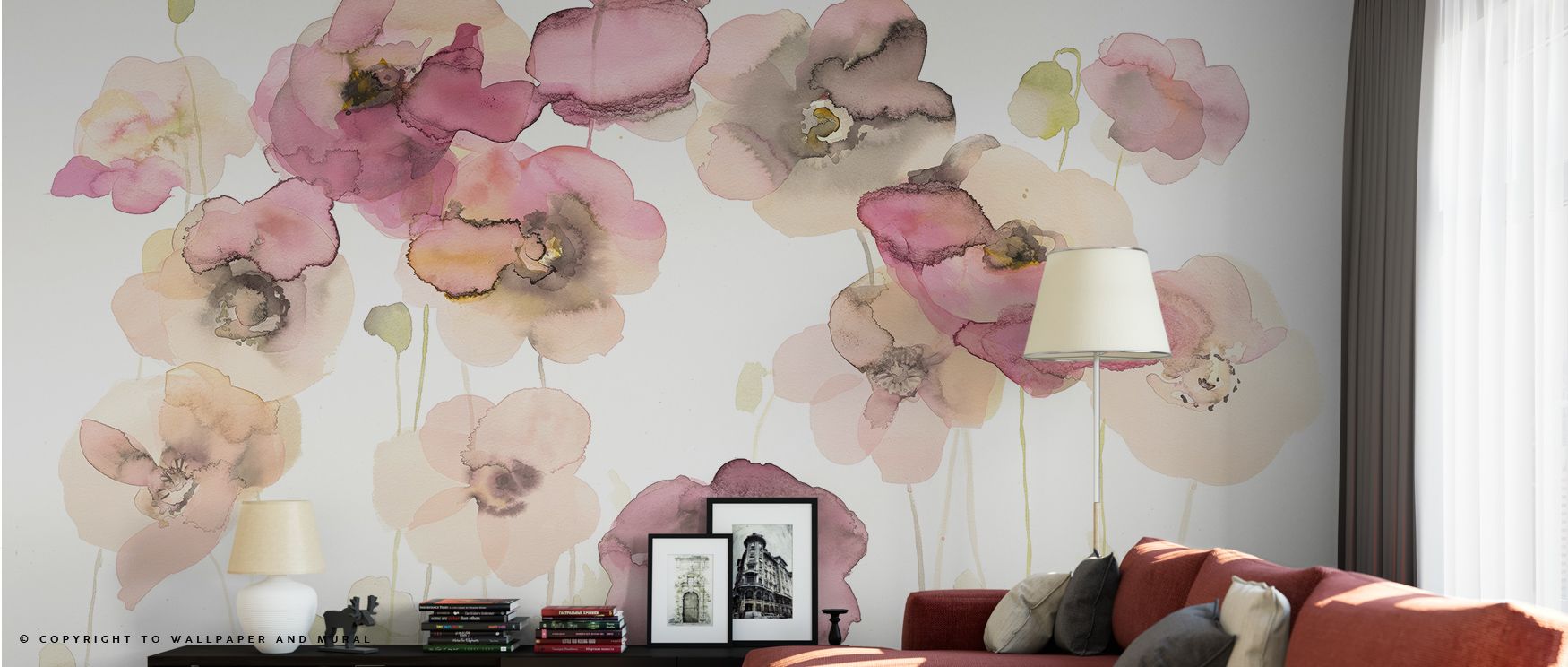 large-watercolor-style-flowers-in-shades-of-pink-and-beige-adorn-the-wall-showcasing-an-elegant-beige-wallpaper-color-pairing Large watercolor-style flowers in shades of pink and beige adorn the wall, showcasing an elegant Beige Wallpaper Color Pairing.
