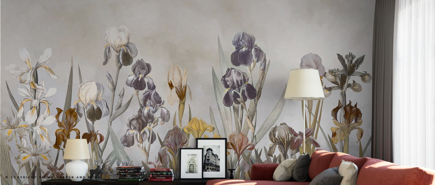 Living room featuring tall irises on beige wallpaper, complemented by a cozy red sofa, demonstrating Beige Wallpaper for Bathrooms.