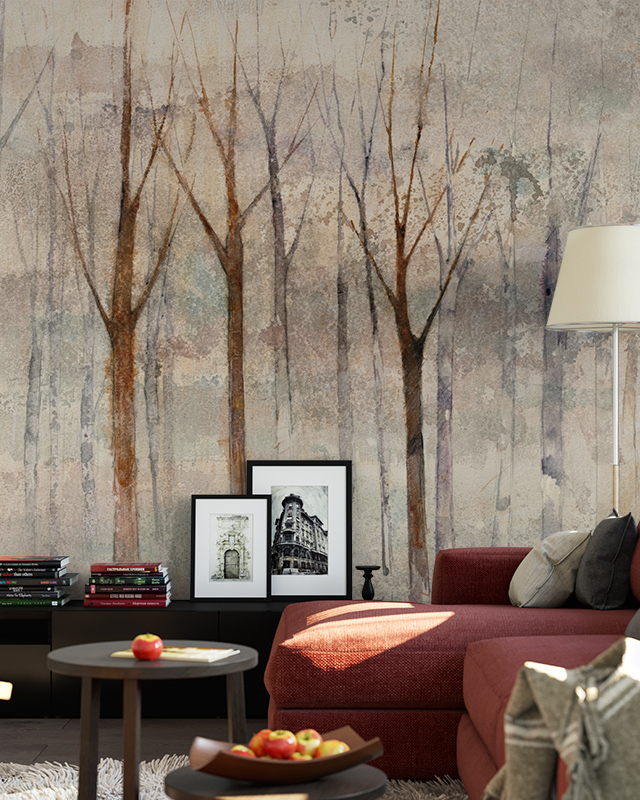 living-room-featuring-tree-patterned-beige-wallpaper-trends-a-red-sofa-modern-decor-and-framed-black-and-white-art Living room featuring tree-patterned beige wallpaper trends, a red sofa, modern decor, and framed black-and-white art.