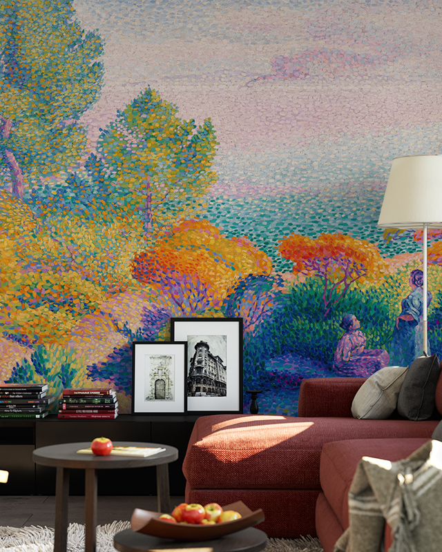 living-room-with-a-vibrant-pointillism-style-abstract-wallpaper-for-accent-walls-depicting-a-colorful-landscape-scene Living room with a vibrant pointillism-style abstract wallpaper for accent walls, depicting a colorful landscape scene