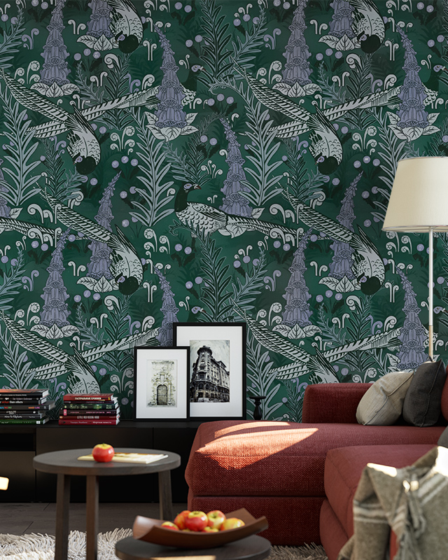 living-room-with-abstract-wallpaper-for-commercial-spaces-featuring-green-and-purple-botanical-and-bird-designs-complemented-by-a-red-sofa-framed-pictures-and-books Living room with Abstract Wallpaper for Commercial Spaces featuring green and purple botanical and bird designs, complemented by a red sofa, framed pictures, and books