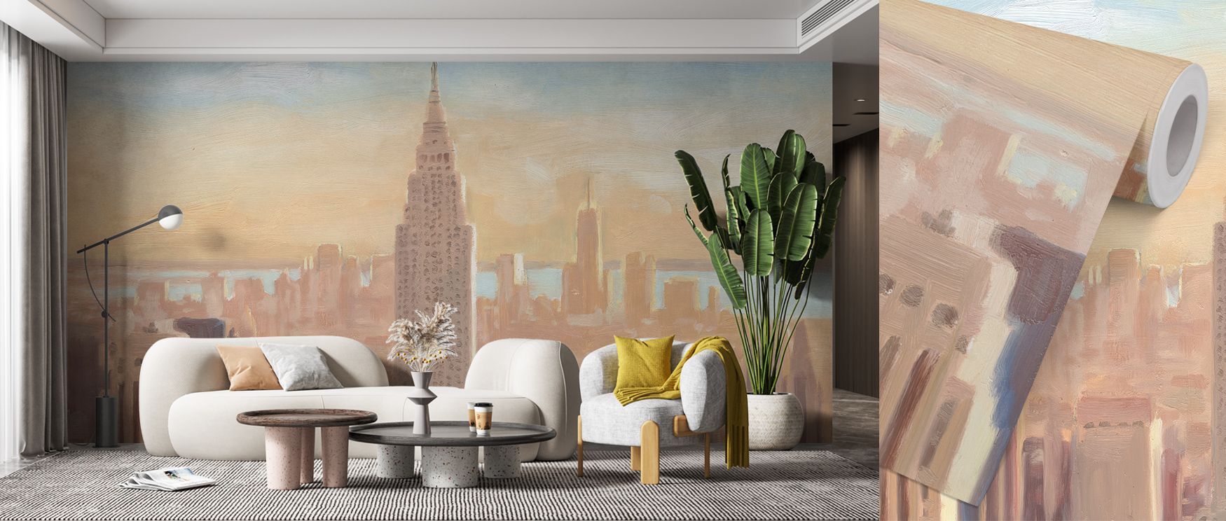 Living room with beige wallpaper featuring a city skyline design, a white sofa, green plant, and round tables, illustrating current Beige Wallpaper Trends.