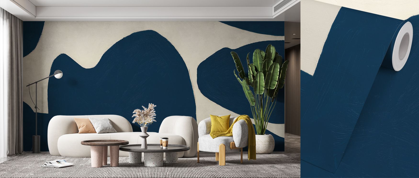 living-room-with-bold-beige-and-navy-abstract-wallpaper-paired-with-modern-white-furniture-and-green-plant-ideal-for-beige-wallpaper-color-pairing Living room with bold beige and navy abstract wallpaper, paired with modern white furniture and green plant, ideal for Beige Wallpaper Color Pairing.