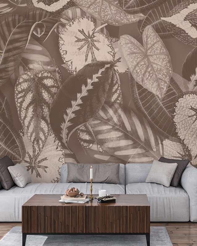 living-room-with-botanical-themed-abstract-wallpaper-for-commercial-spaces-featuring-a-wooden-coffee-table-and-gray-sofa-in-front Living room with botanical-themed Abstract Wallpaper for Commercial Spaces, featuring a wooden coffee table and gray sofa in front