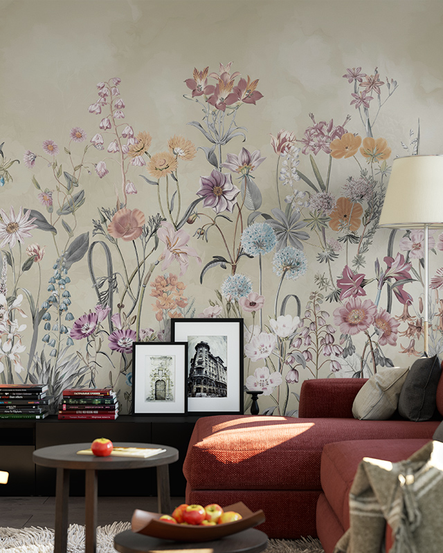 Living room with floral Beige Wallpaper for Kitchens, red sofa, framed artwork, books, and modern decor in front.