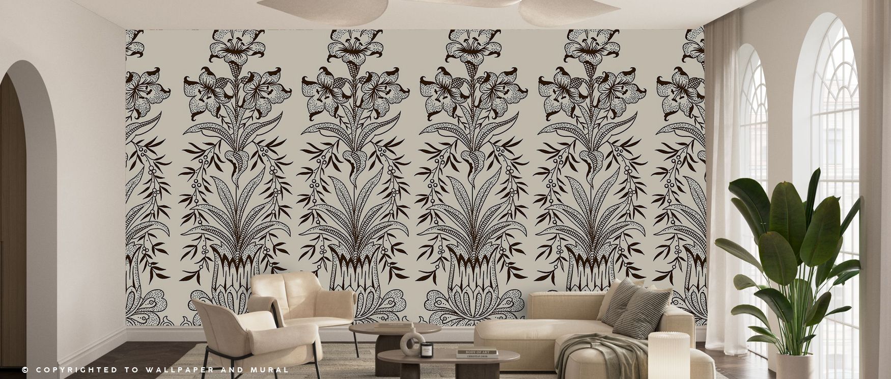 living-room-with-floral-patterned-beige-wallpaper-trends-neutral-furniture-and-large-windows-allowing-natural-light Living room with floral-patterned beige wallpaper trends, neutral furniture, and large windows allowing natural light.