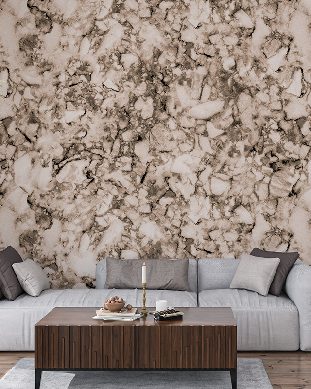 living-room-with-marble-patterned-beige-wallpaper-trends-a-modern-gray-sofa-and-a-wooden-coffee-table-with-decor Living room with marble-patterned beige wallpaper trends, a modern gray sofa, and a wooden coffee table with decor.