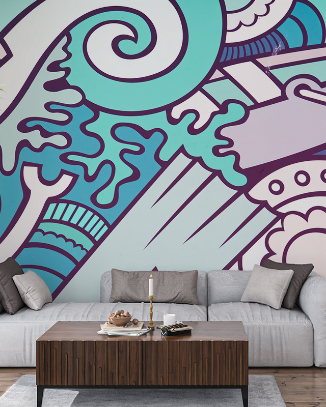 living-room-with-vibrant-abstract-wallpaper-for-commercial-spaces-featuring-bold-swirling-patterns-behind-a-wooden-coffee-table-and-gray-sofa Living room with vibrant Abstract Wallpaper for Commercial Spaces, featuring bold, swirling patterns behind a wooden coffee table and gray sofa