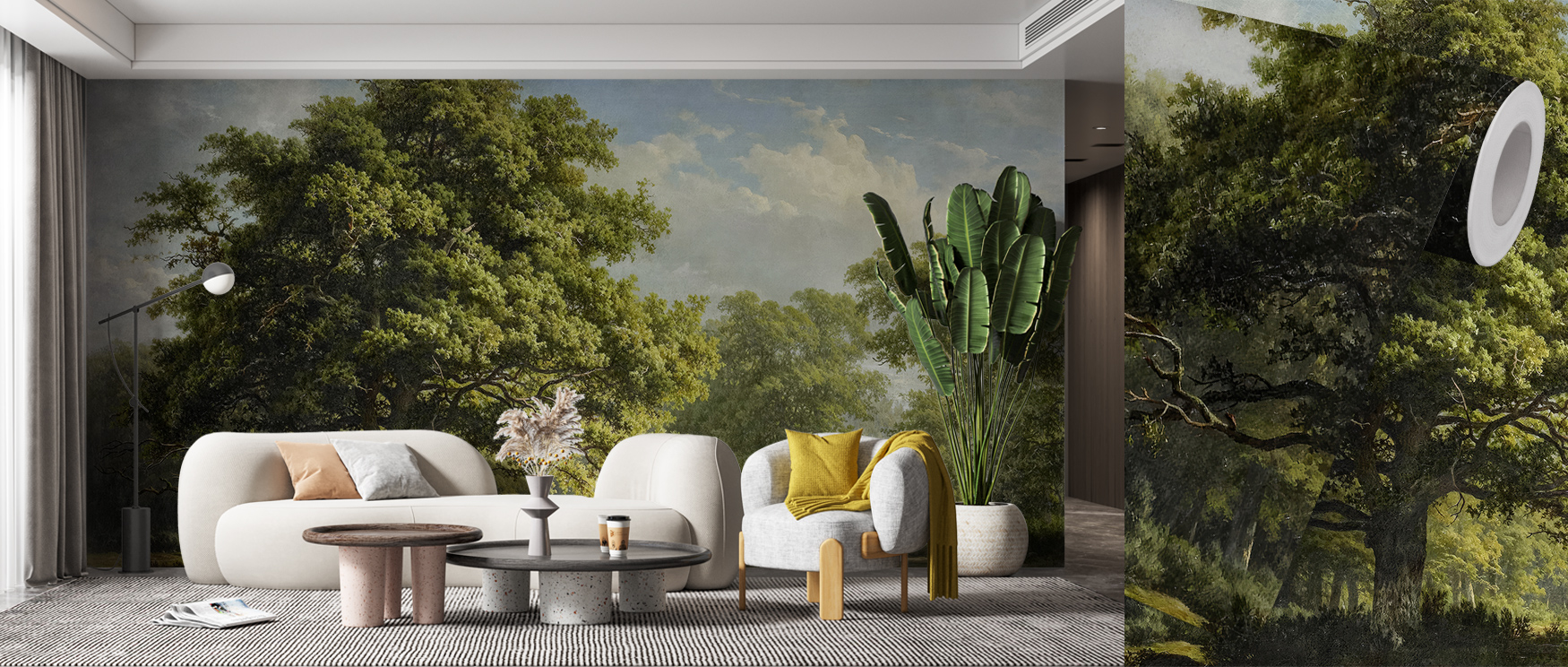 lush-green-forest-scene-as-abstract-wallpaper-trends-enhancing-a-modern-living-room-with-cozy-seating-and-decor Lush green forest scene as abstract wallpaper trends, enhancing a modern living room with cozy seating and decor