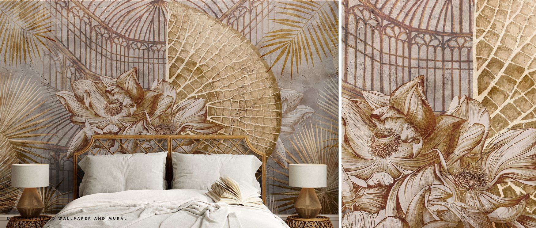 Luxurious bedroom featuring beige wallpaper with intricate floral and architectural designs, paired with a rattan headboard and table lamps, exemplifying Beige Wallpaper Color Pairing.