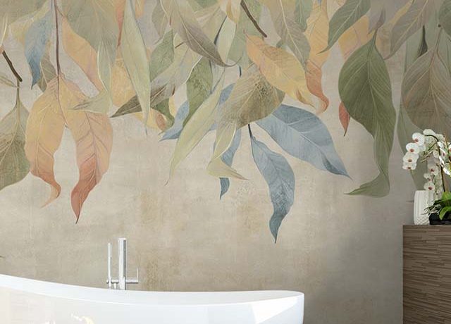 Modern bathroom with a freestanding tub, adorned with beige wallpaper featuring hanging leaves, showcasing Beige Wallpaper for Bathrooms.