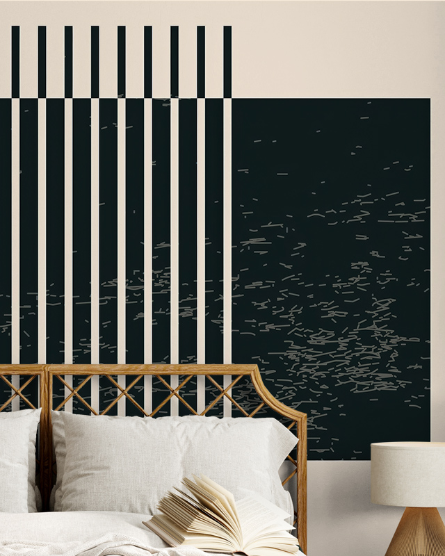 Modern black and white abstract wallpaper featuring vertical lines and patterns behind a rattan headboard with white pillows, illustrating Comparison of Abstract Wallpaper with Other Styles