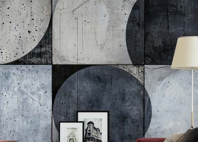modern living room with circular abstract wallpaper featuring black gray and white tones highlighting abstract wallpaper trends