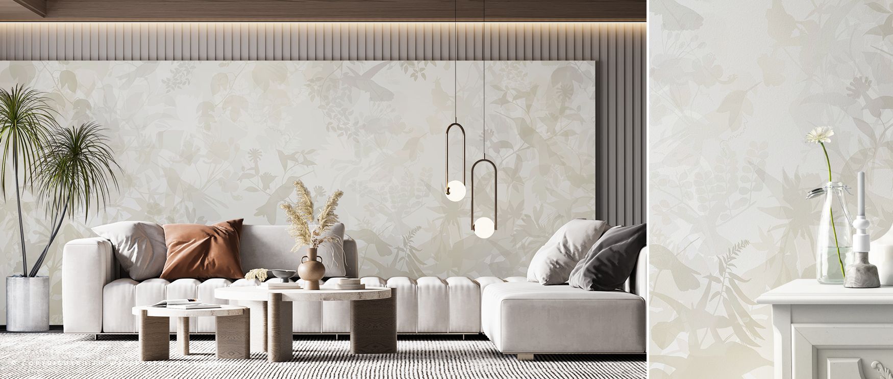 modern-living-room-with-light-beige-botanical-wallpaper-beige-and-white-furniture-ideal-for-beige-wallpaper-color-pairing Modern living room with light beige botanical wallpaper, beige and white furniture, ideal for Beige Wallpaper Color Pairing.