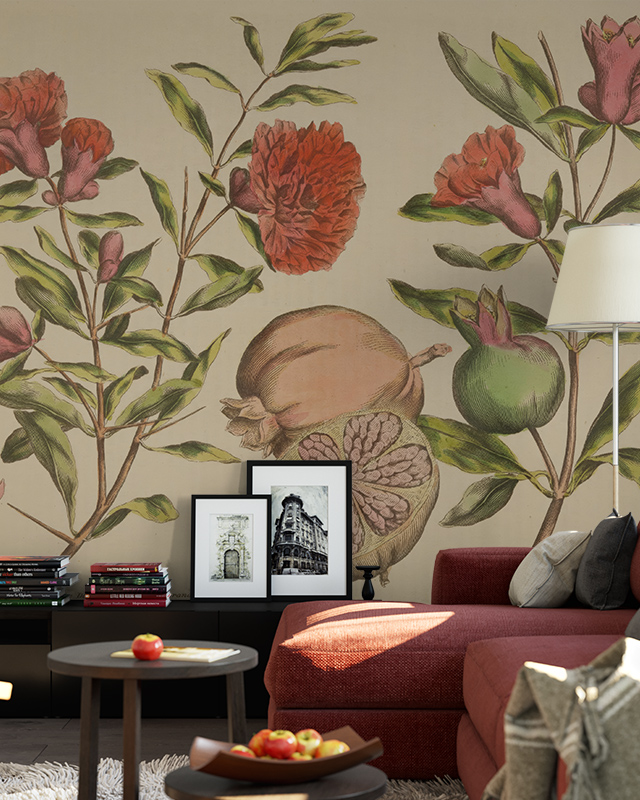 Pomegranate-themed Beige Wallpaper for Kitchens, with a red sofa, framed artwork, and modern decor in front.