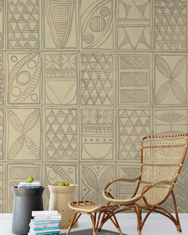 room-featuring-beige-wallpaper-trends-with-geometric-patterns-a-wicker-chair-side-tables-and-stacked-books Room featuring beige wallpaper trends with geometric patterns, a wicker chair, side tables, and stacked books.