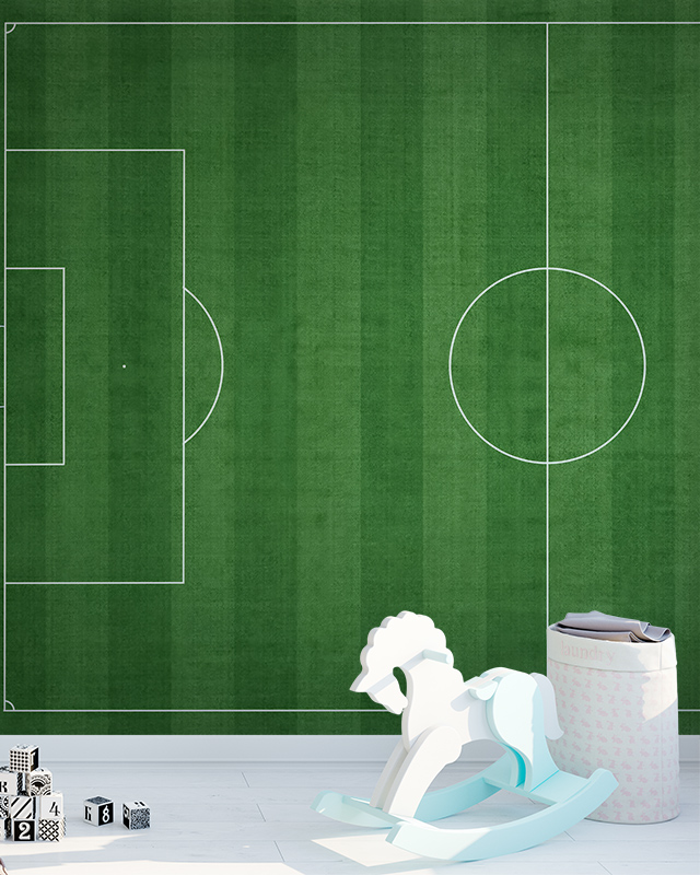 soccer-field-inspired-sports-wallpaper-trends-in-a-child-s-room-with-a-rocking-horse-storage-basket-and-blocks-in-the-foreground Soccer field-inspired sports wallpaper trends in a child's room, with a rocking horse, storage basket, and blocks in the foreground.