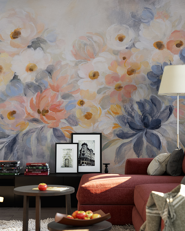 Soft, floral abstract wallpaper in pastel shades behind a red sofa, lamp, and framed art, illustrating Comparison of Abstract Wallpaper with Other Styles
